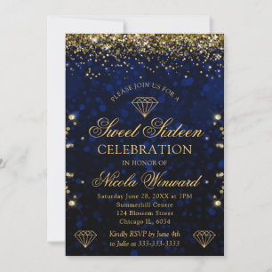 Invitation Bokeh bleu foncé & Parties scintillant or doux 16