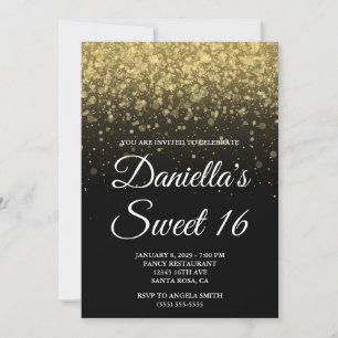 Invitation Bokeh de confettis noir et or Sweet 16