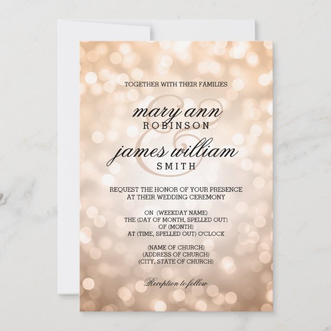 Invitation Bokeh en cuivre illumine un mariage élégant (Devant)