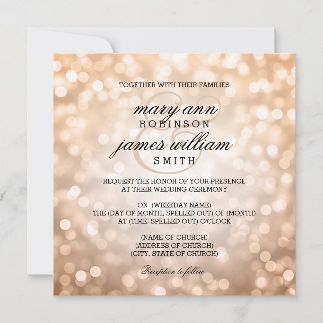 Invitation Bokeh en cuivre illumine un mariage élégant (Devant)