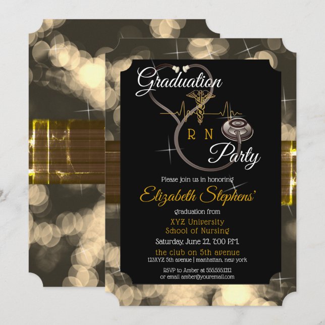 Invitation Bokeh Nurse Stethoscope EKG Graduation Party (Devant / Derrière)
