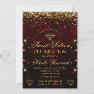 Invitation Bokeh rouge foncé et Parties scintillant or doux 1