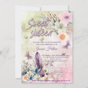 Invitation Bokeh sweet sixteen floral de papillon