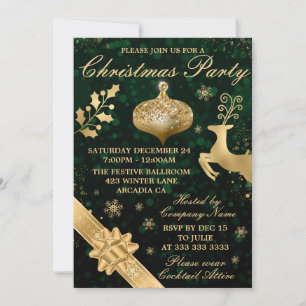 Invitation Bokeh vert & Gold Bauble & Ribbon Christmas Party