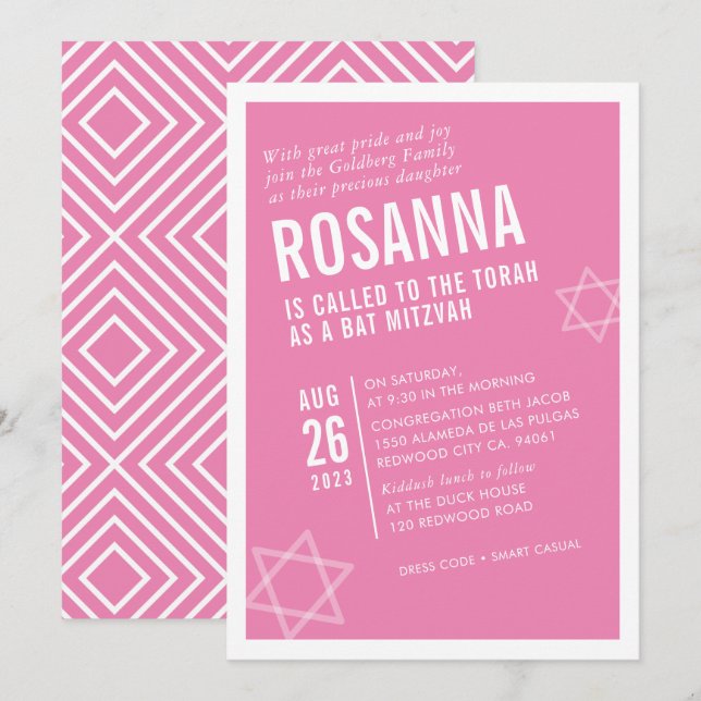 Invitation BOLD BAT MITZVAH simple angle moderne rose blanc (Devant / Derrière)