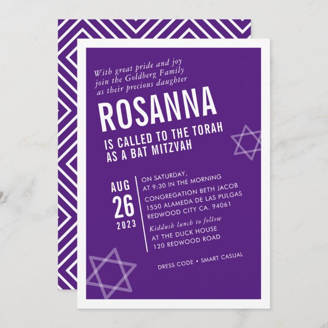Invitation BOLD BAT MITZVAH simple angle moderne violet blanc (Devant / Derrière)