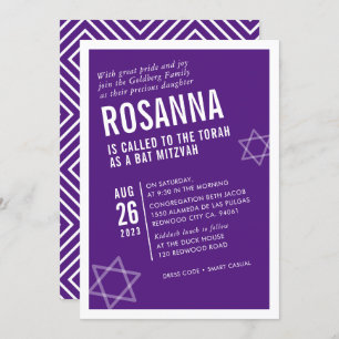 Invitation BOLD BAT MITZVAH simple angle moderne violet blanc