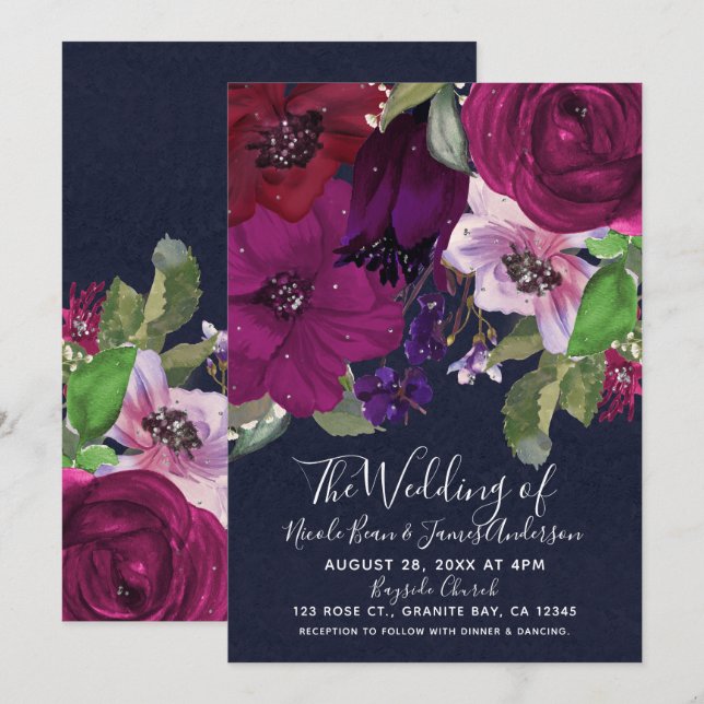 Invitation Bold Berry Fuchsia Floral Bouquet Chic Mariage (Devant / Derrière)