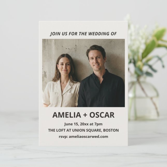 Invitation Bold Black Ivory Photo Modern Wedding Typography (Debout devant)
