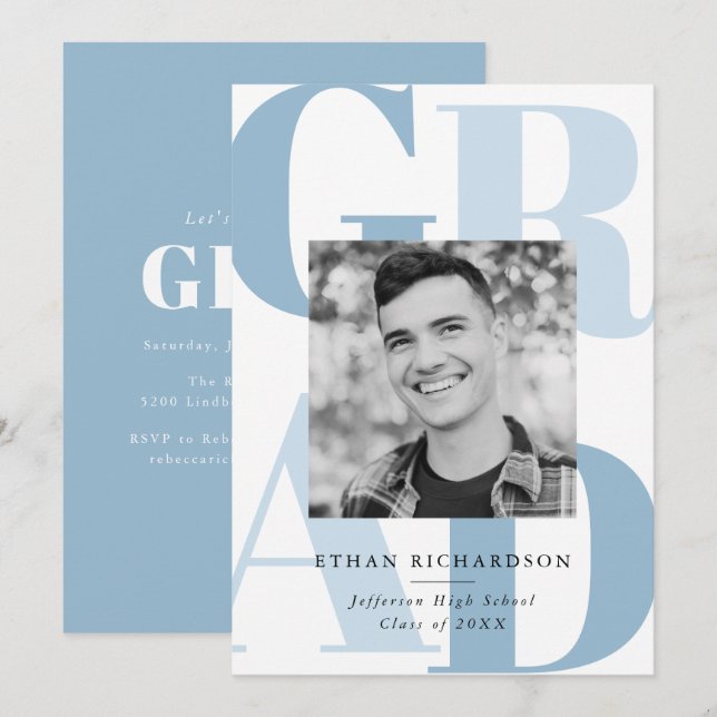 Invitation Bold Blue Grad Photo Party Graduation (Devant / Derrière)