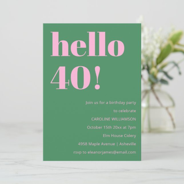 Invitation Bold Bright Modern Retro Pink Green 40th Birthday (Debout devant)