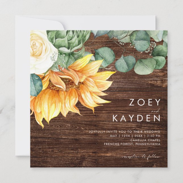 Invitation Bold Country Bouquet de tournesol Carré de bois Ma (Devant)
