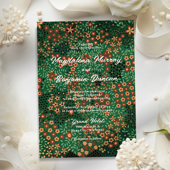 Invitation Bold Dark Green Red Floral Earthy Textile Wedding (Créateur téléchargé)