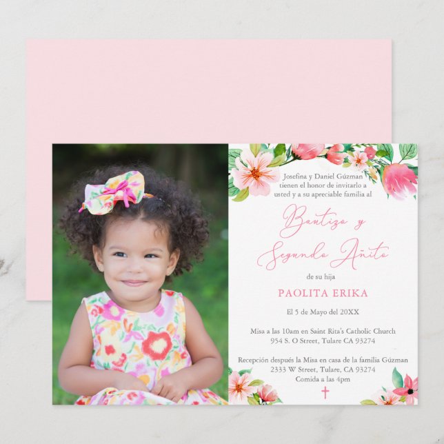 Invitation Bold Florals Espagnol 2ème anniversaire Baptême Pa (Devant / Derrière)