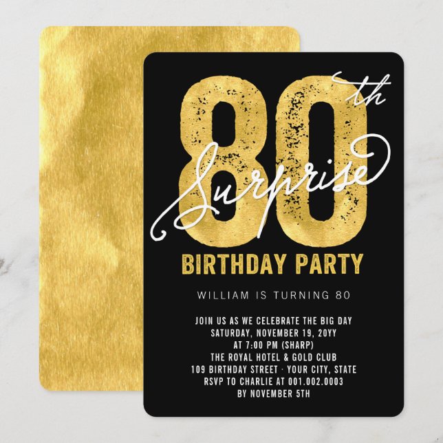Invitation Bold Gold Foil Surprise 80e anniversaire Invitatio (Devant / Derrière)