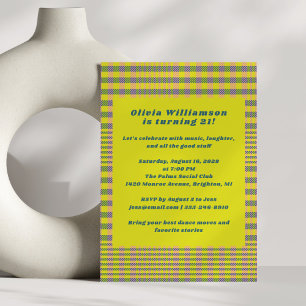 Invitation Bold Neon Jaune Plaid Amusant 21e fête d'anniversa