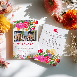 Invitation Bold Pink Orange Boho Floral 2-Photo Graduation
