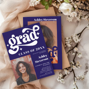 Invitation Bold Retro Blue Super 2 photos Graduation Party