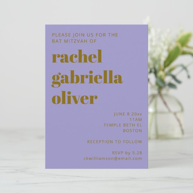 Invitation Bold Retro Purple Gold Simple Cute Bat Mitzvah (Debout devant)