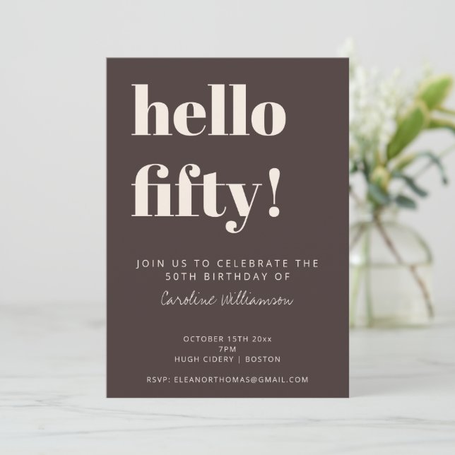 Invitation Bold Typography Brown Modern 50th Birthday Party (Debout devant)
