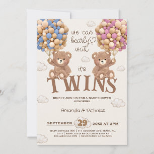 Invitation Boloons d'ours baby shower jumeaux d'attente préco