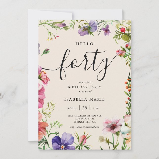 Invitation Bon anniversaire Quarante Jolie Fleur pour 40 ans (Devant)