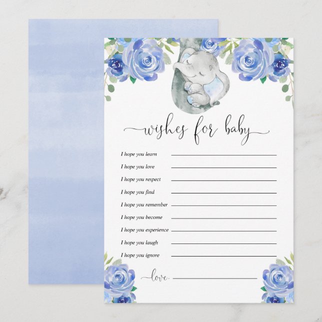 Invitation Bon voeux pour bébé garçon bleu éléphant floral (Devant / Derrière)
