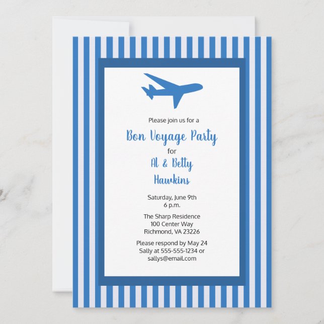 Invitation Bon Voyage Party Avion Couple Blue Stripes (Devant)