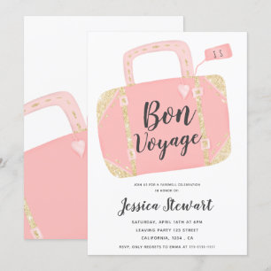 Invitation Bon voyage, valise jaune or rose quittez le pays