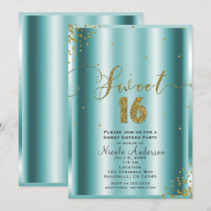 Invitation BONBON 16 seize coins de confettis d'Aqua et d'or