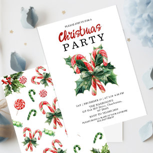 Invitation Bonbon à l'aquarelle Canne & Rouge Noël Bow Fête