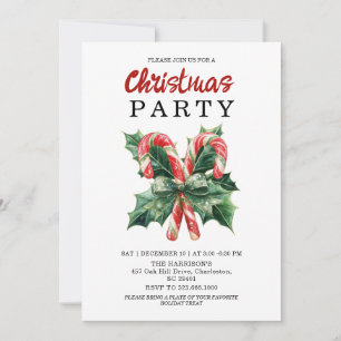 Invitation Bonbon à l'aquarelle Canne & Rouge Noël Fête de No