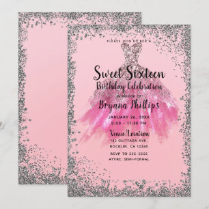Invitation Bonbon argenté assez rose 16 à robe habillée de