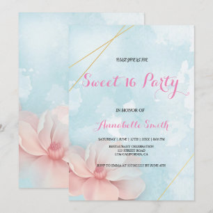 Invitation Bonbon bleu 16 à aquarelle de cadre floral rose