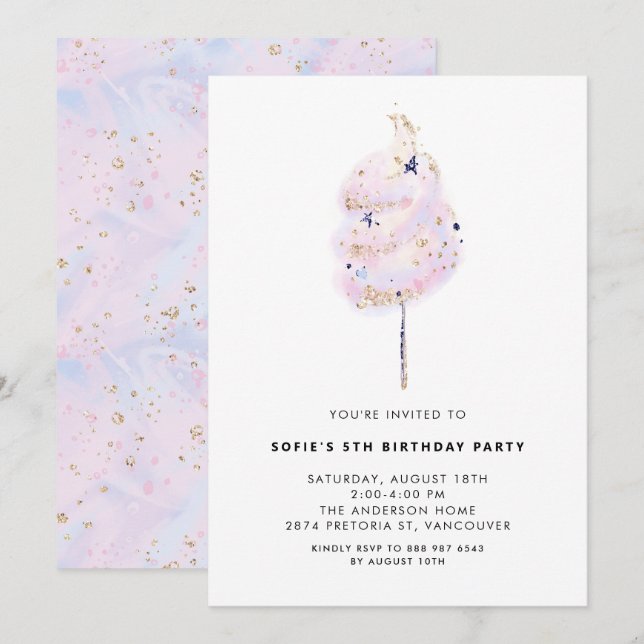 Invitation Bonbon de coton rose avec étincelle d'or fête d'an (Devant / Derrière)