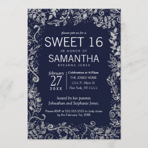 Invitation Bonbon floral 16 à parties scintillantes d'argent