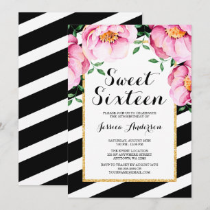 Invitation Bonbon floral 16 à rayures d'aquarelle moderne