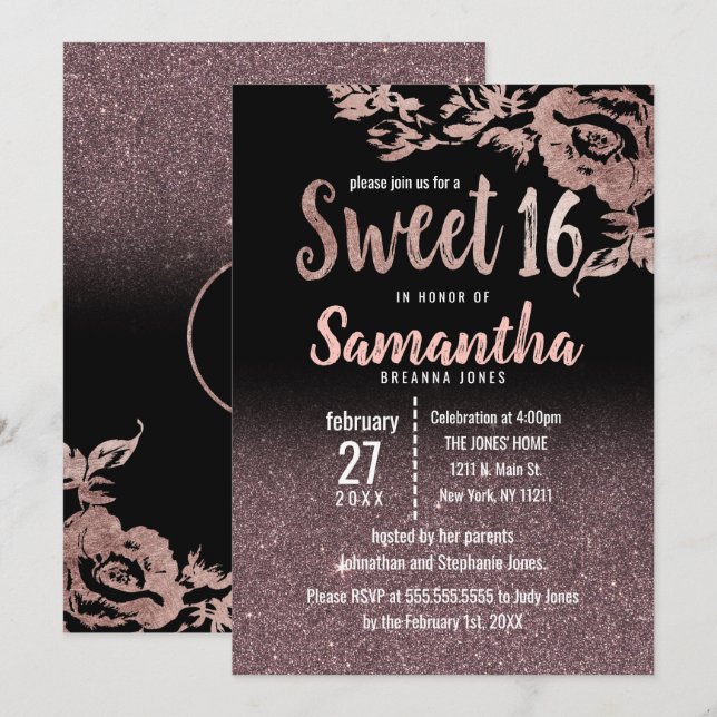 Invitation Bonbon floral 16 de noir de rose à parties (Devant / Derrière)