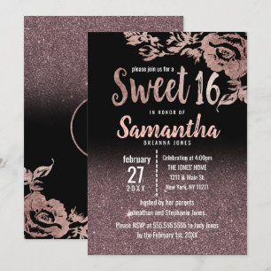 Invitation Bonbon floral 16 de noir de rose à parties