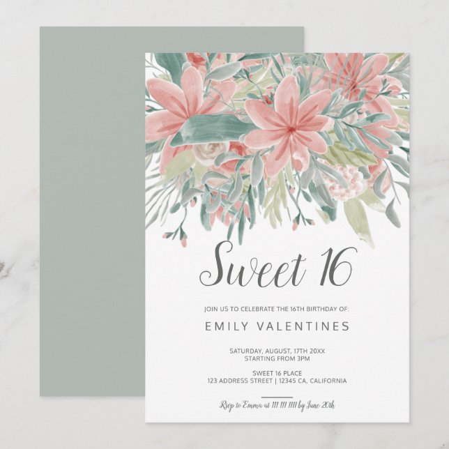 Invitation Bonbon floral vert rose chic 16 à aquarelle de la (Devant / Derrière)