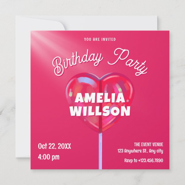 Invitation Bonbon holographique rose doux anniversaire (Devant)