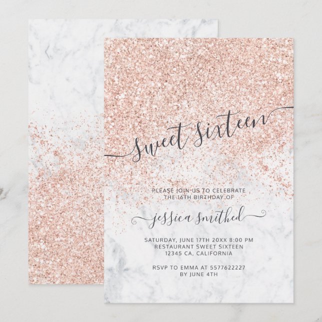 Invitation Bonbon rose 16 à marbre de typographie de parties (Devant / Derrière)