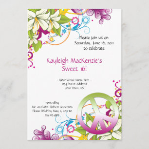 Invitation Bonbon rose et vert 16 à signe de paix de fleurs