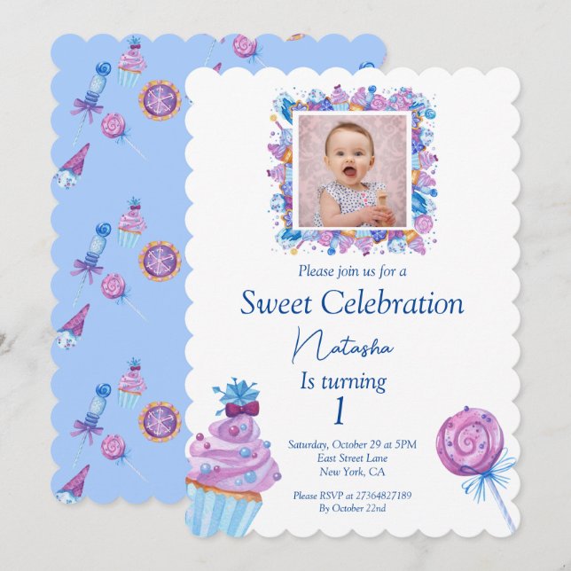 Invitation Bonbons bleu doux avec anniversaire photo (Devant / Derrière)
