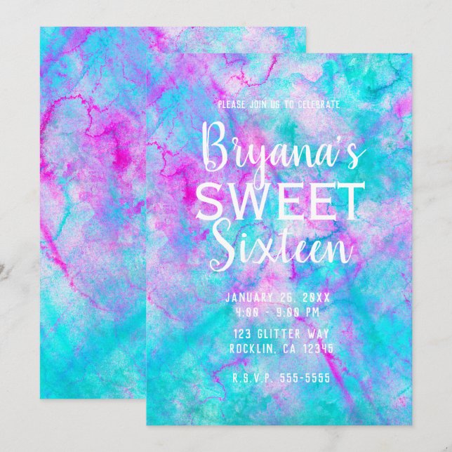 Invitation Bonbons en coton rose et bleu Aquarelle douce 16 P (Devant / Derrière)