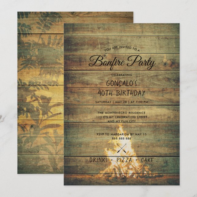 Invitation Bonfire Birthday Party Hommes 40th Celebration Rus (Devant / Derrière)