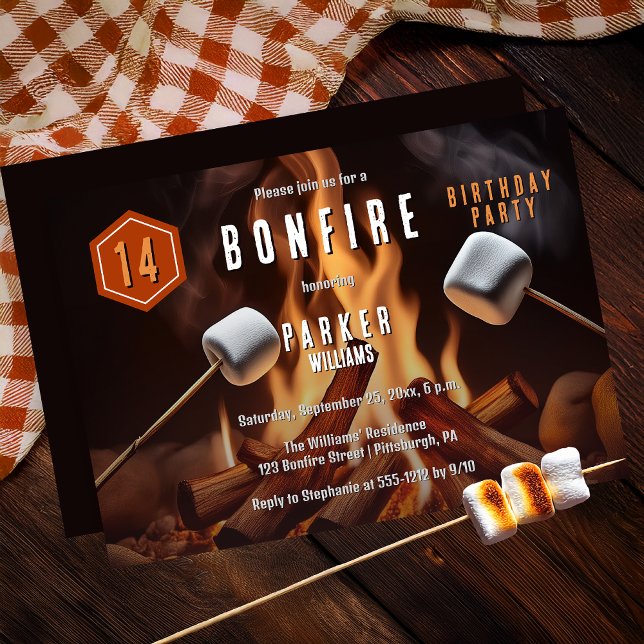 Invitation Bonfire Marshmallow Roast 14e fête d'anniversaire (Bonfire Marshmallow Roast 14th Birthday Party Invitation - Print | Digital Download)