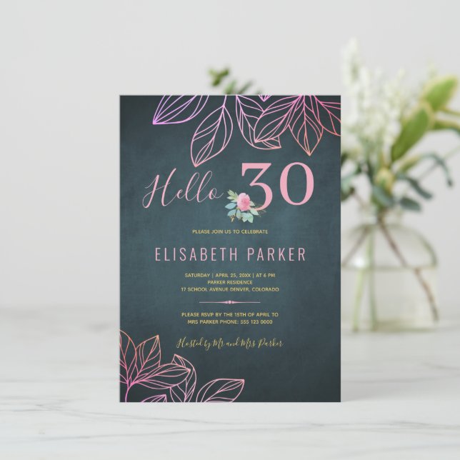 Invitation Bonjour 30 chic or marine rose 30e anniversaire fê (Debout devant)