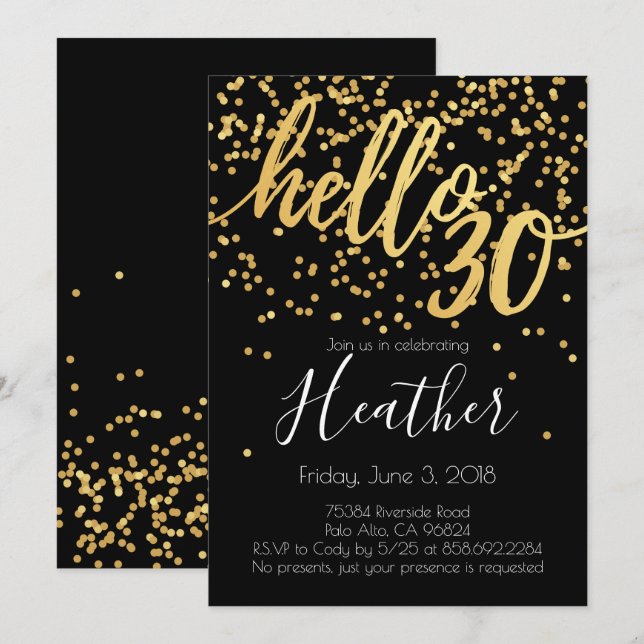 Invitation Bonjour 30ème or de l'anniversaire trente et (Devant / Derrière)