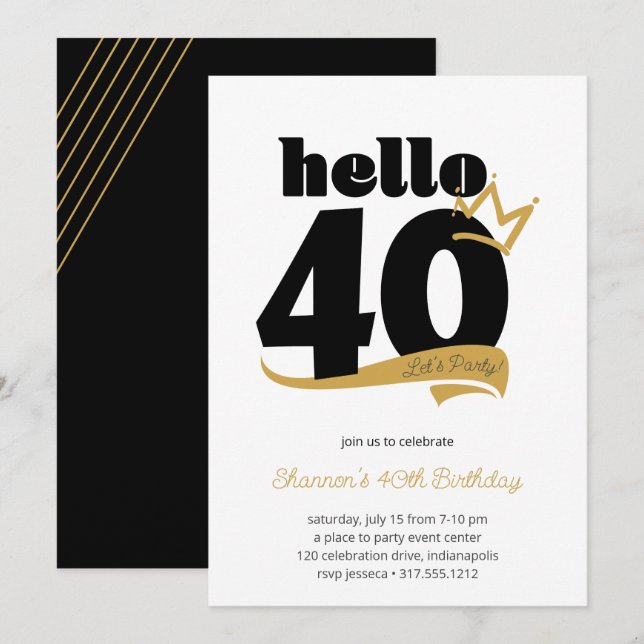 Invitation Bonjour 40 Jalons Anniversaire Couronne d'or noir (Devant / Derrière)